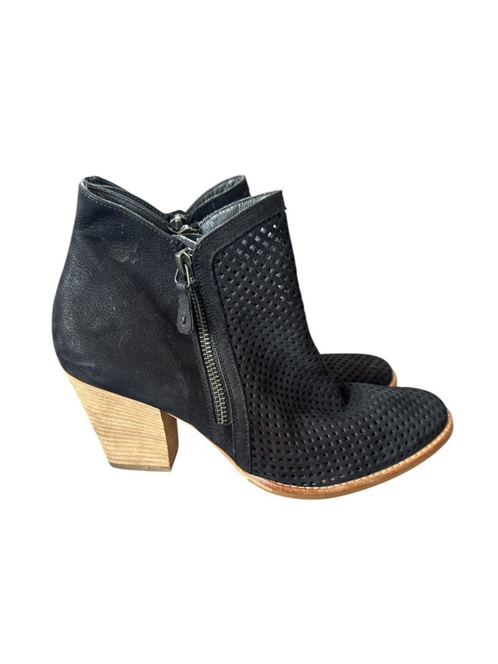 Paul Green Bonzai Black Perforated Leather Ankle Booties Double Zip Block Heel